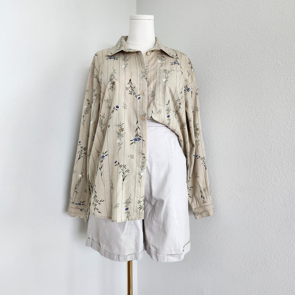 Vintage 90s Cabin Creek Oatmeal Floral Long Sleeve Button Down Shirt Cottage L